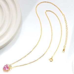Elegant gold S925 silver heart necklace with pink gemstone and white crystals