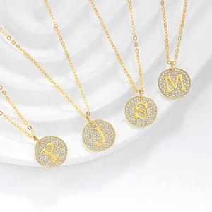 S925 sterling zilveren gouden alfabet disc kettingen met zirkoon pave en dunne kruis ketting