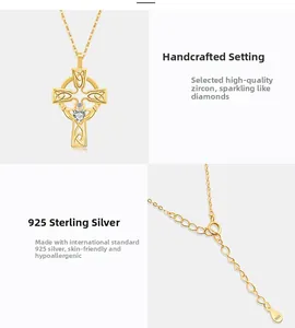 Detail of S925 sterling silver cross necklace with heart zircon and fine hand-set stones