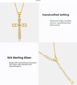 Detail of S925 sterling silver cross pendant with hand-set cubic zirconia and lobster clasp