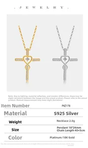 Detail view of S925 sterling silver cross heart pendants in gold and silver plating