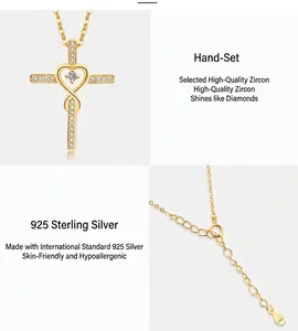 Macro detail of S925 sterling silver hallmarked tag and heart cross pendant with zircon
