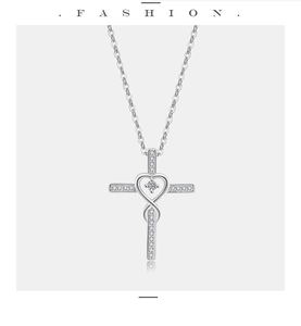 Macro detail of S925 sterling silver infinity heart cross pendant with zircon stones