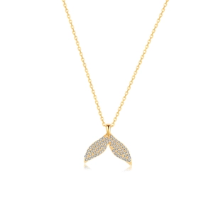 Elegant gold fishtail necklace with sparkling crystal inlay on a pure white background