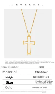 Macro detail of S925 sterling silver cross pendant with 18K gold plating and measurements