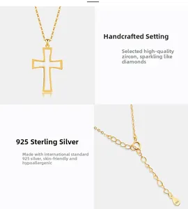 Detailed views of gold S925 sterling silver cross necklace with inlaid zircon stones