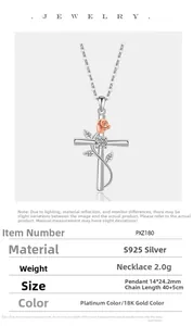 Detail showing S925 sterling silver cross pendant with rose flower and crystal dimensions