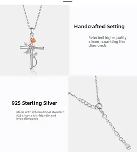 Detail of S925 sterling silver cross pendant with handcrafted zircon inlay and S925 hallmark