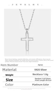 Detailed technical specifications for S925 sterling silver cross necklace with measurements