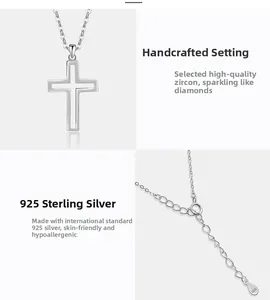 Detail of S925 sterling silver cross pendant with hand-set zircon and security clasp