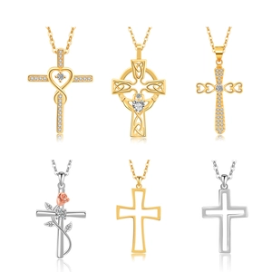 Set of six S925 sterling silver cross necklaces featuring zircon and heart details