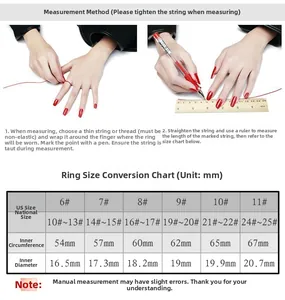 Size guide for rings showing measurement steps and a conversion chart for US and CN sizes