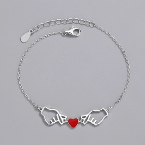 925 Sterling Silver Heart Hand Gesture Bracelet For Women Red Enamel Love Heart Charm Adjustable Korean Fashion Jewelry