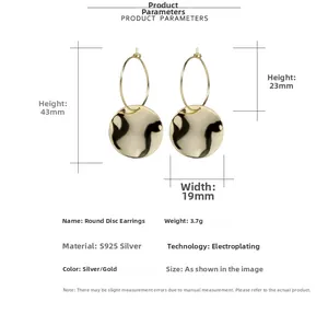 Detailed technical drawing of S925 sterling silver geometric drop hoop earrings with measurements