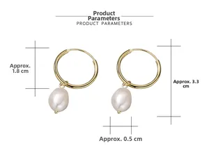 Detailed size parameters of golden hoop earrings with freshwater pearls and dimensions