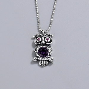 Vintage 925 Sterlingsilber Eule Anhänger Halskette Mit Lila Kristall Thai Silber Kugelkette Mode Accessoire Für Damen Schmuck