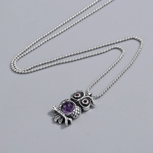 Retro Eulen-Anhänger aus 925 Sterling Silber mit großem violetten Kristall-Edelstein