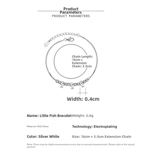 Detailansicht des S925 Sterlingsilber Fisch Armbands mit Maßen und Verlängerungskette
