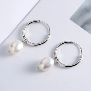Elegant S925 sterling silver hoop earrings with white baroque freshwater pearl drops