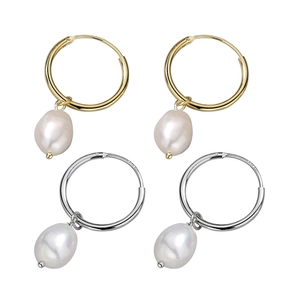 Elegant S925 sterling silver hoop earrings featuring baroque natural pearls in gold and silver
