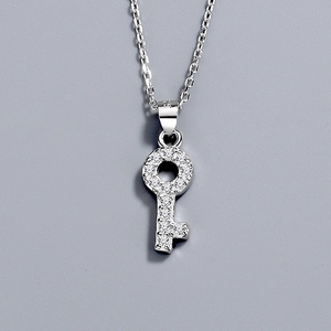 Classic S925 sterling silver key pendant necklace with sparkling pavé crystals