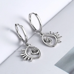 Elegant S925 silver Evil Eye hoop earrings with sparkling zircon and eyelash detail