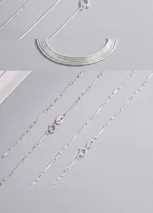 Vista macro de cadenas de plata S925 con especificaciones técnicas de peso y longitudes