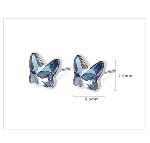Detailed view of light blue crystal butterfly earrings with 7.6mm by 8.5mm dimensions