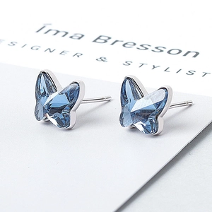 Exquisite 925 Sterling Silver Butterfly Stud Earrings With Blue Austrian Crystal Minimalist Tiny Animal Jewelry For Women Gift Fashion Accessory