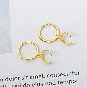 Polished S925 sterling silver hoop earrings with dangling crescent moon charms