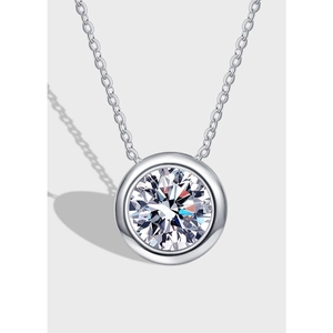925 Sterling Silver Moissanite Pendant Necklace Round Bezel Set Solitaire For Women Elegant Wedding Party Jewelry Gift