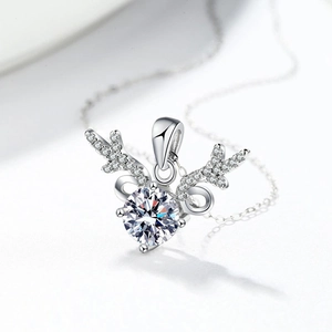 Moissanite S925 sterling silver reindeer necklace with sparkling round diamond pendant
