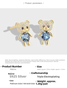 Detailed view of S925 silver teddy bear stud earrings with blue crystals and gold finish