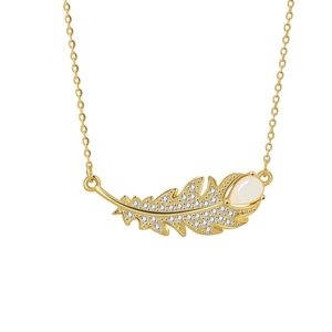 Golden leaf feather necklace with sparkling cubic zirconia and white opal teardrop stone