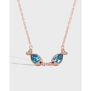 925 Sterling Silver Kissing Fish Pendant Necklace Women Blue Austrian Crystal Zirconia Animal Clavicle Chain Jewelry Anniversary Gift