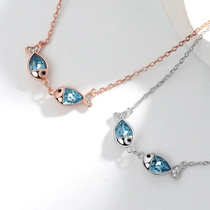 Elegant S925 sterling silver kissing fish necklaces with blue crystal and zircon stones