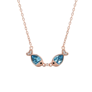 Elegant S925 sterling silver kissing fish necklace with blue crystal pendant in rose gold
