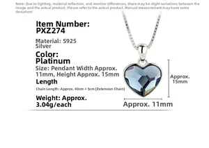 Detailed view of S925 sterling silver Heart of the Ocean necklace with dimensions and weight