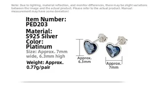Detail view of heart-shaped blue crystal S925 silver stud earrings with size specs