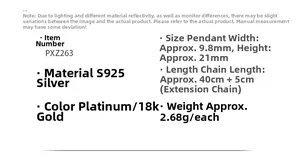 Detailed specifications table for S925 sterling silver square pendant necklace PXZ263