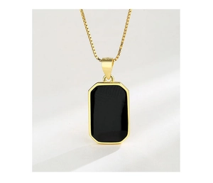 Macro detail of S925 hallmark on minimalist black enamel octagonal pendant necklace