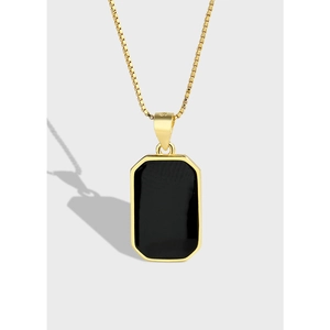 Vintage 925 Sterling Silver Rectangle Pendant Necklace For Women Black Inlaid Minimalist Geometric Box Chain Collar Jewelry Gift