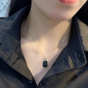 Elegant gold S925 silver necklace with rectangular black gemstone pendant for women