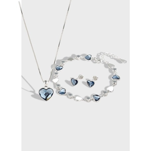 925 Sterling Silver Heart Pendant Necklace Blue Austrian Crystal Bracelet Stud Earrings For Women Romantic Jewelry