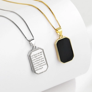 Minimalist S925 sterling silver square pendant necklace with engraved quote and black stone