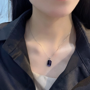 Minimalist S925 sterling silver necklace with a rectangular deep purple gemstone pendant