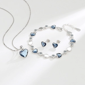 Silver S925 Heart of the Ocean jewelry set with blue crystal necklace, bracelet and earrings