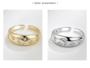 Detailed view of S925 silver rings showing moon star patterns and 925 hallmarks