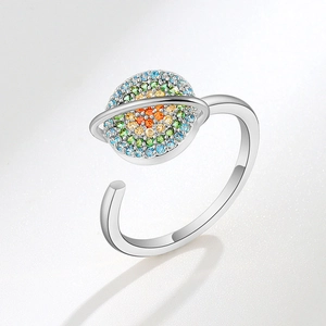 Bague planète rotative en argent S925 avec zircons colorés sertis de manière raffinée