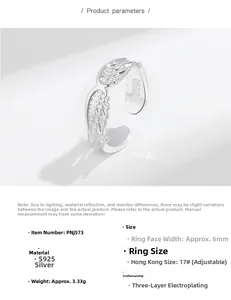 Detailed view of S925 sterling silver angel wing ring showing 6mm feather texture
